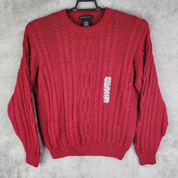 Mens Red Geoffrey Beene Pullover Cable Knit Sweater Crew Neck Long Sleeve Size L - Picture 2 of 10